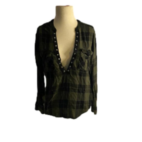 Grunge Deep V Plaid Long Sleeve Top Express XS - Picture 3 of 7